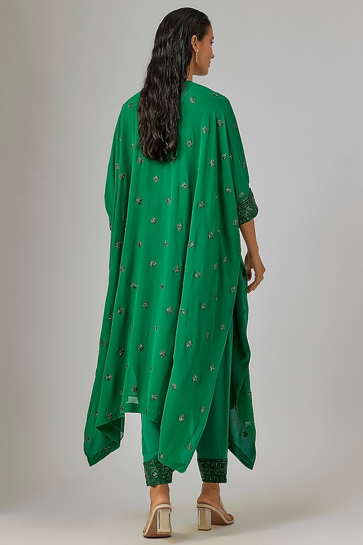 Emerald Green Crepe & Double Georgette Thread Embroidered Kaftan Set by Ritika Mirchandani at Pernia's Pop Up Shop