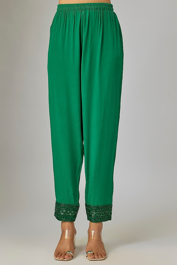 Emerald Green Crepe & Double Georgette Thread Embroidered Kaftan Set by Ritika Mirchandani at Pernia's Pop Up Shop