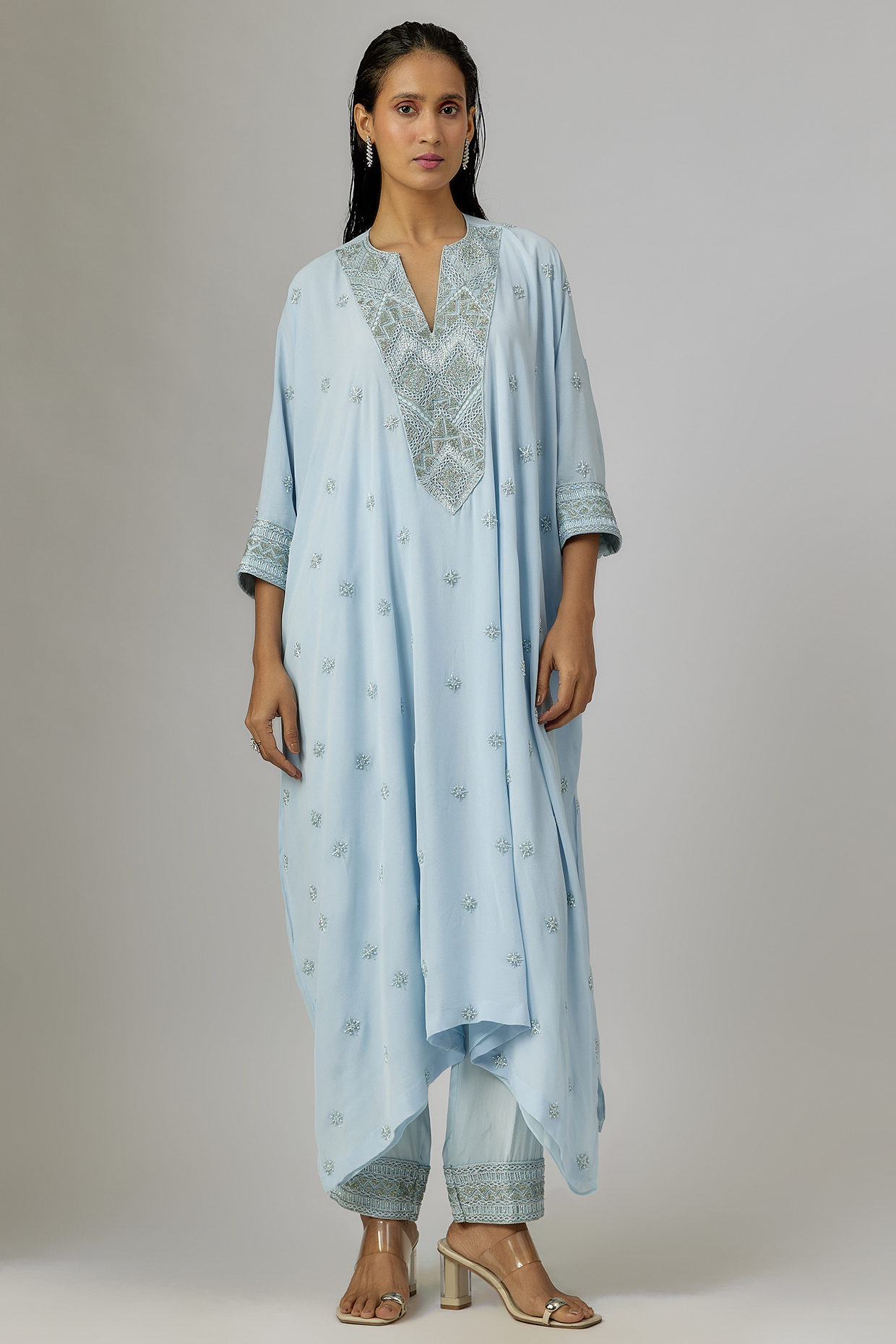 Ice Blue Crepe & Double Georgette Thread Embroidered Kaftan Set by Ritika Mirchandani at Pernia's Pop Up Shop