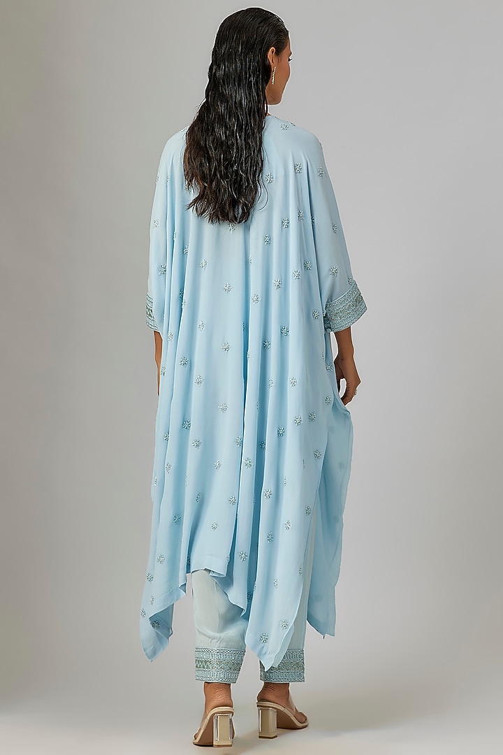 Ice Blue Crepe & Double Georgette Thread Embroidered Kaftan Set by Ritika Mirchandani at Pernia's Pop Up Shop