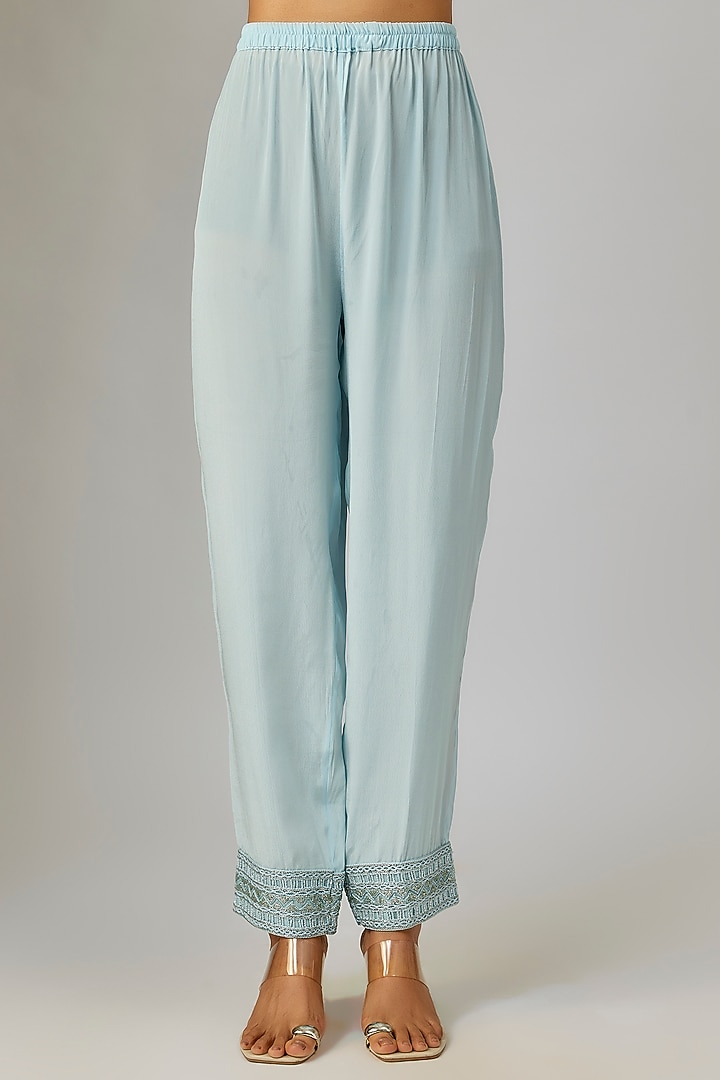 Ice Blue Crepe & Double Georgette Thread Embroidered Kaftan Set by Ritika Mirchandani at Pernia's Pop Up Shop