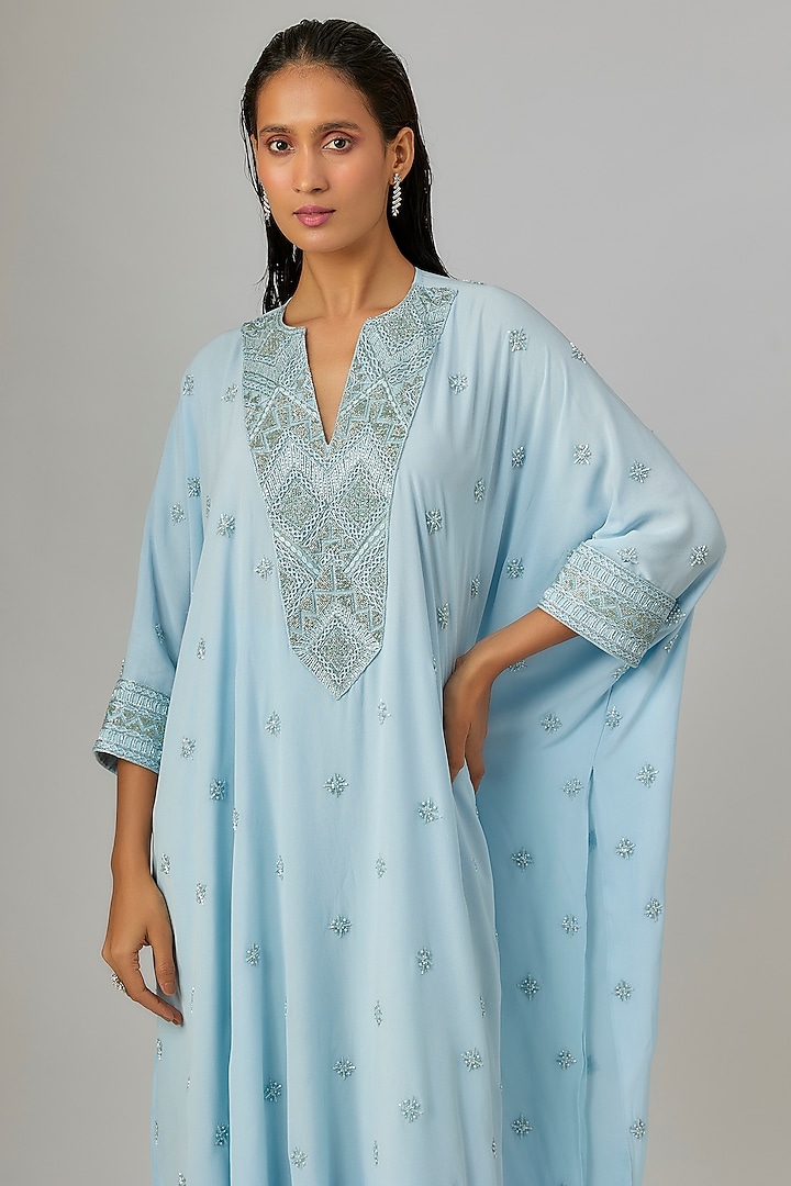 Ice Blue Crepe & Double Georgette Thread Embroidered Kaftan Set by Ritika Mirchandani at Pernia's Pop Up Shop