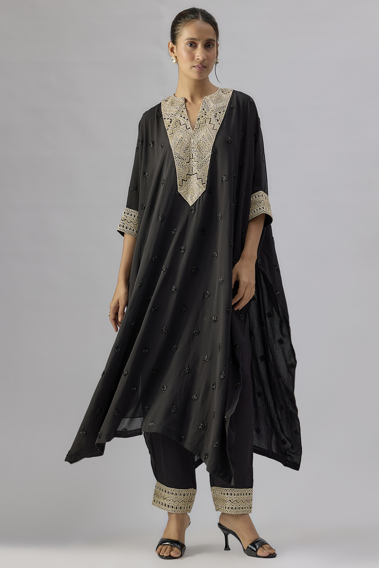 Black Double Georgette Crystal Embroidered Kaftan Set by Ritika Mirchandani at Pernia's Pop Up Shop