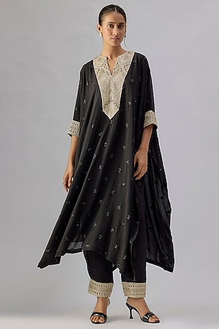 Black Double Georgette Crystal Embroidered Kaftan Set by Ritika Mirchandani