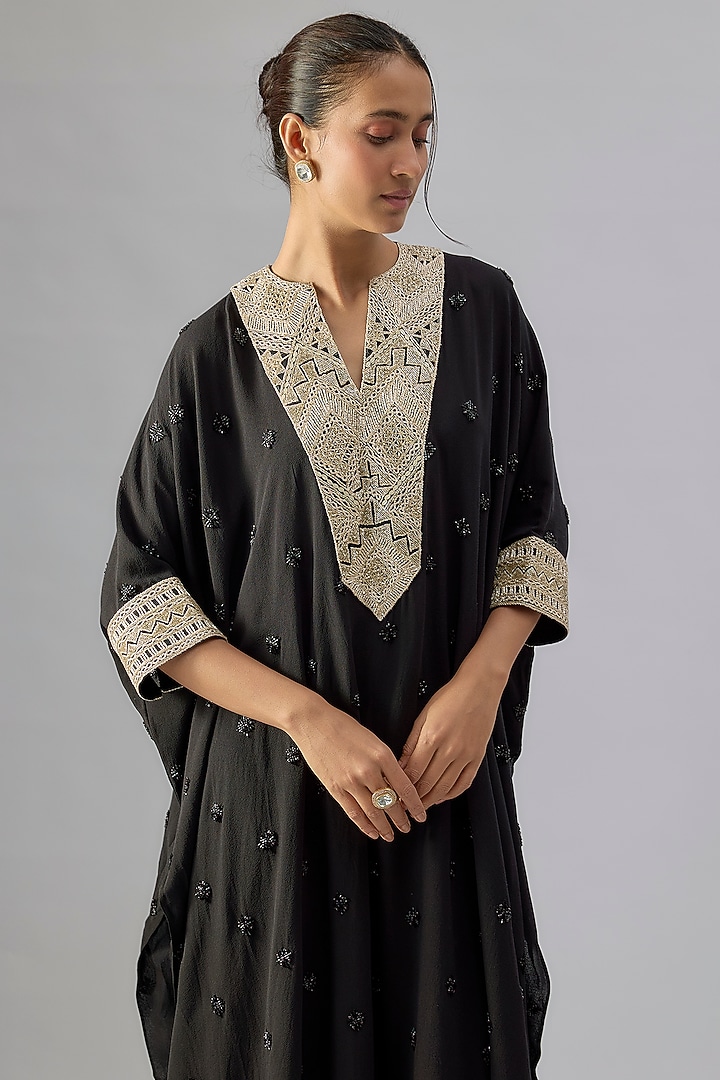 Black Double Georgette Crystal Embroidered Kaftan Set by Ritika Mirchandani at Pernia's Pop Up Shop