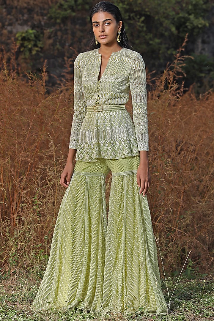 Lime Green Crepe & Net Embroidered Sharara Set by Ritika Mirchandani