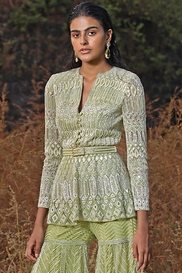 Lime Green Crepe & Net Embroidered Bridal Sharara Set by Ritika Mirchandani at Pernia's Pop Up Shop