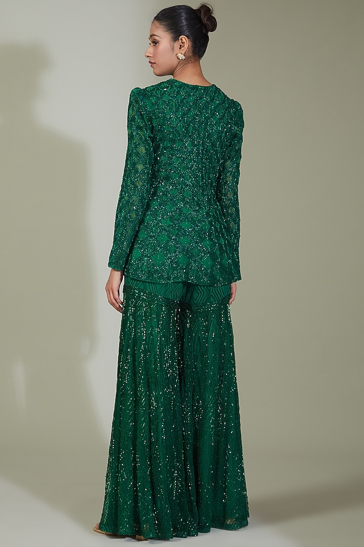 Green Crepe Silk & Net Embroidered Bridal Sharara Set by Ritika Mirchandani at Pernia's Pop Up Shop
