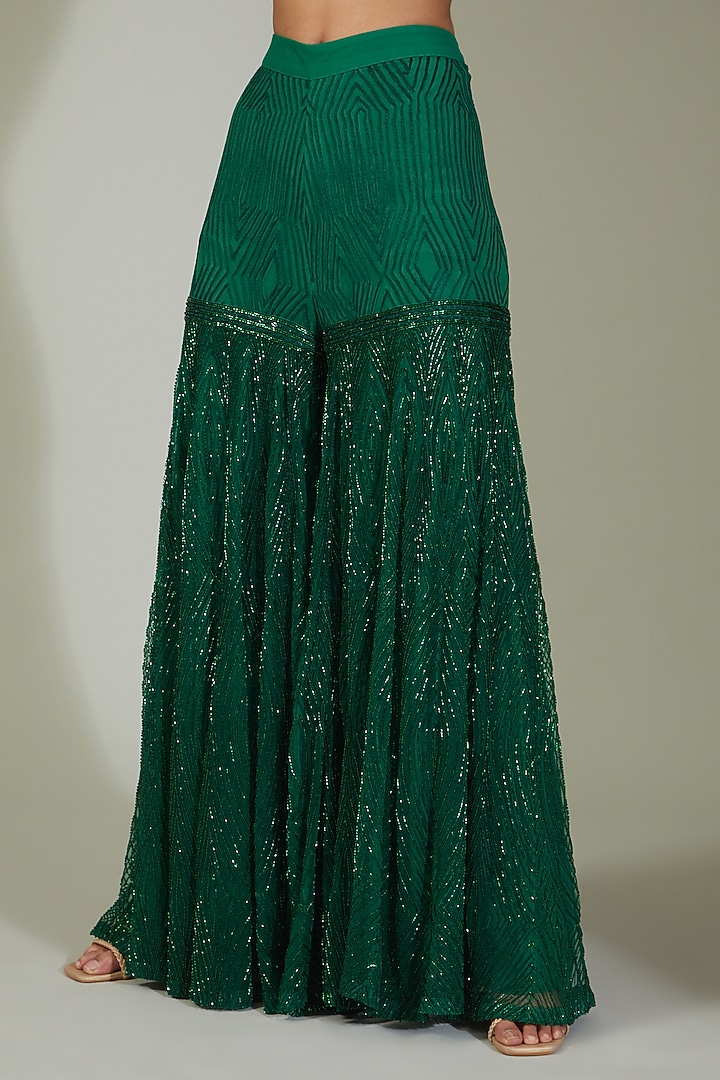 Green Crepe Silk & Net Embroidered Bridal Sharara Set by Ritika Mirchandani at Pernia's Pop Up Shop