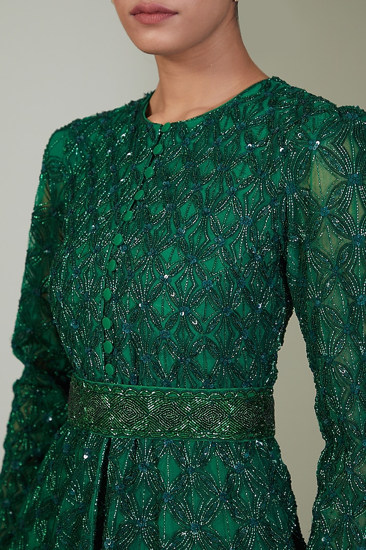 Green Crepe Silk & Net Embroidered Bridal Sharara Set by Ritika Mirchandani at Pernia's Pop Up Shop