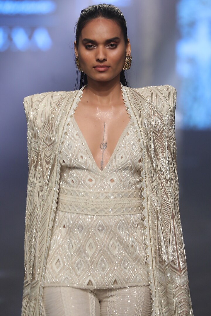 Ivory & Gold Stretch Satin Embroidered Cape Set by Ritika Mirchandani at Pernia's Pop Up Shop