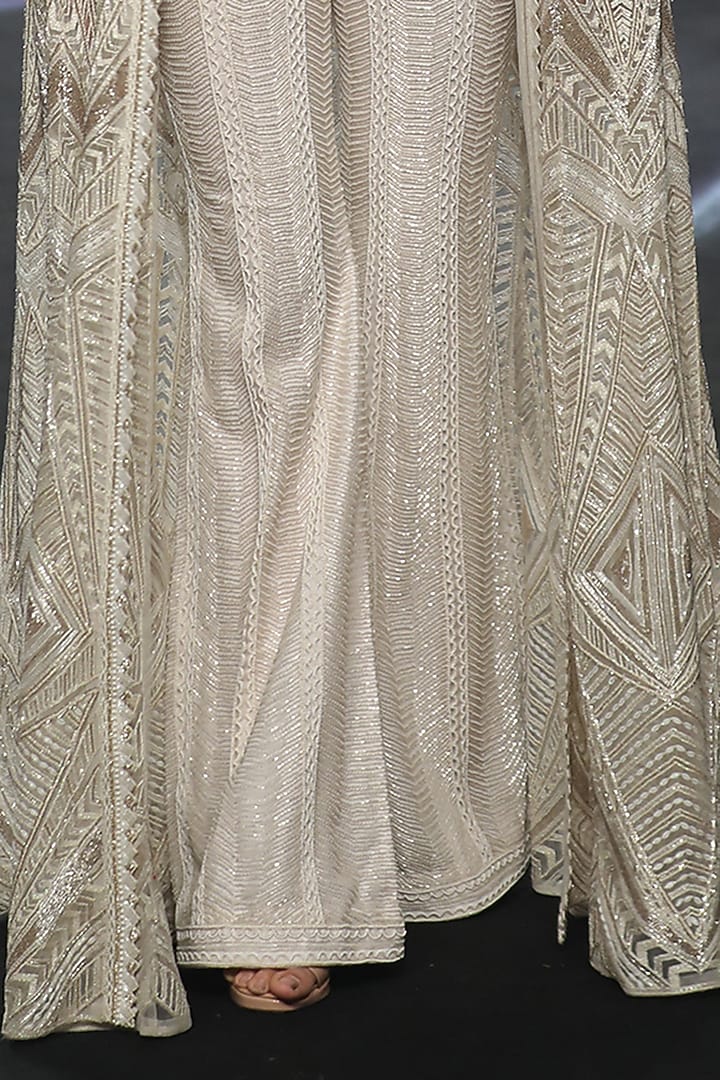 Ivory & Gold Stretch Satin Embroidered Cape Set by Ritika Mirchandani at Pernia's Pop Up Shop