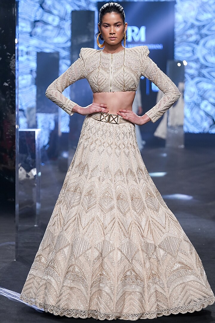 Beige & Gold Crepe Embroidered Bridal Lehenga Set by Ritika Mirchandani at Pernia's Pop Up Shop