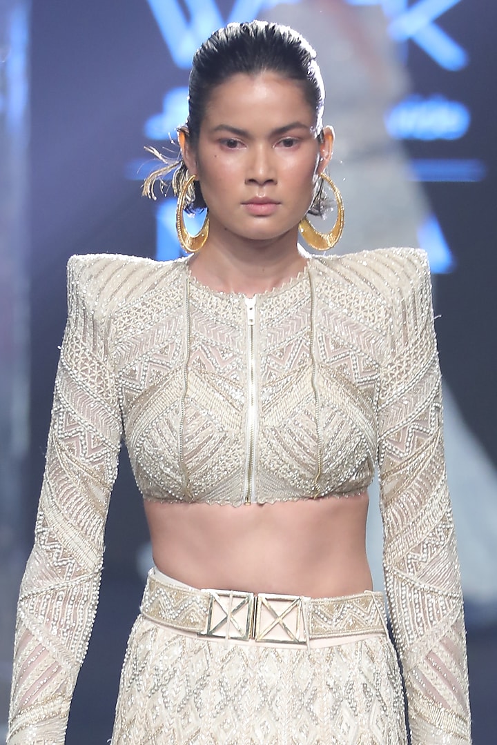 Beige & Gold Crepe Embroidered Bridal Lehenga Set by Ritika Mirchandani at Pernia's Pop Up Shop