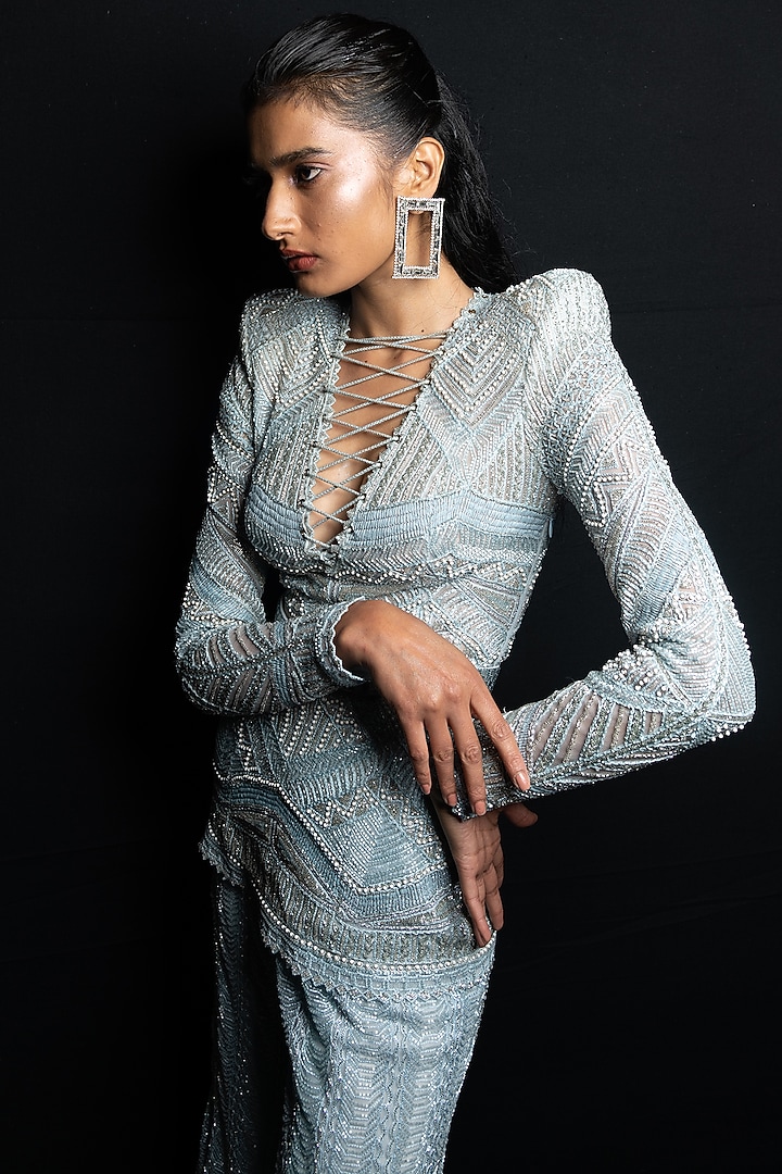 Ice Blue Net & Crepe Embroidered Bridal Sharara Set by Ritika Mirchandani at Pernia's Pop Up Shop