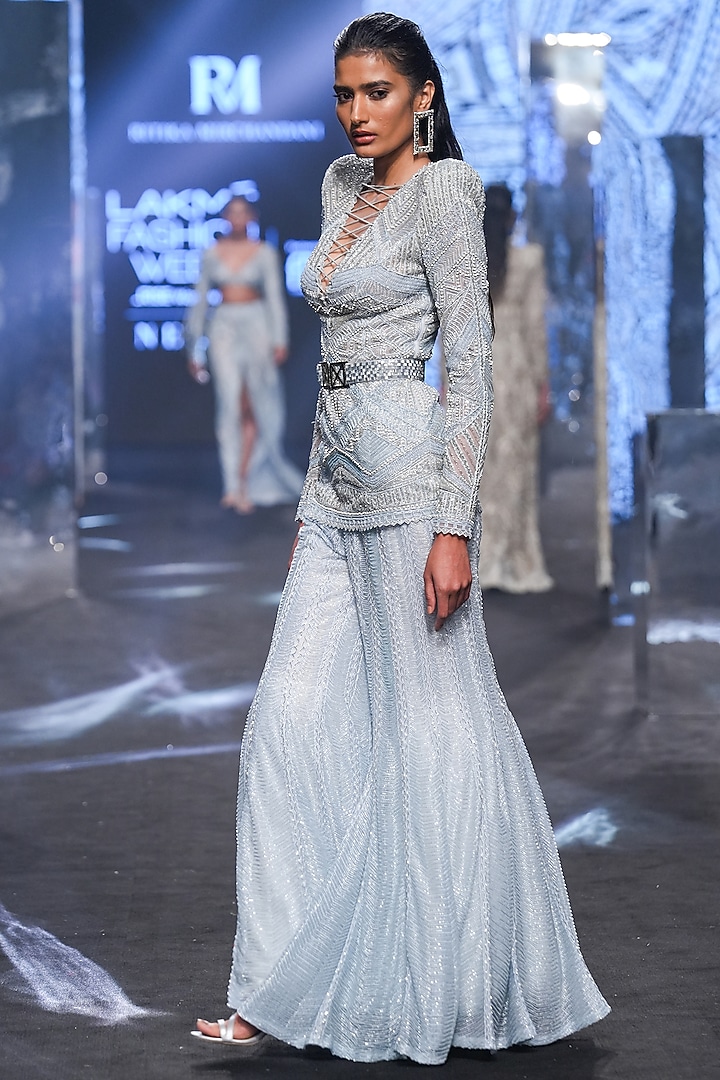 Ice Blue Net & Crepe Embroidered Bridal Sharara Set by Ritika Mirchandani at Pernia's Pop Up Shop