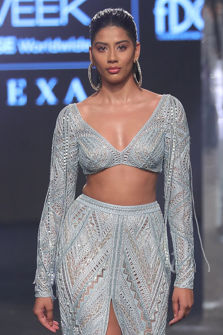 Ice Blue Net Embroidered Skirt Set by Ritika Mirchandani at Pernia's Pop Up Shop