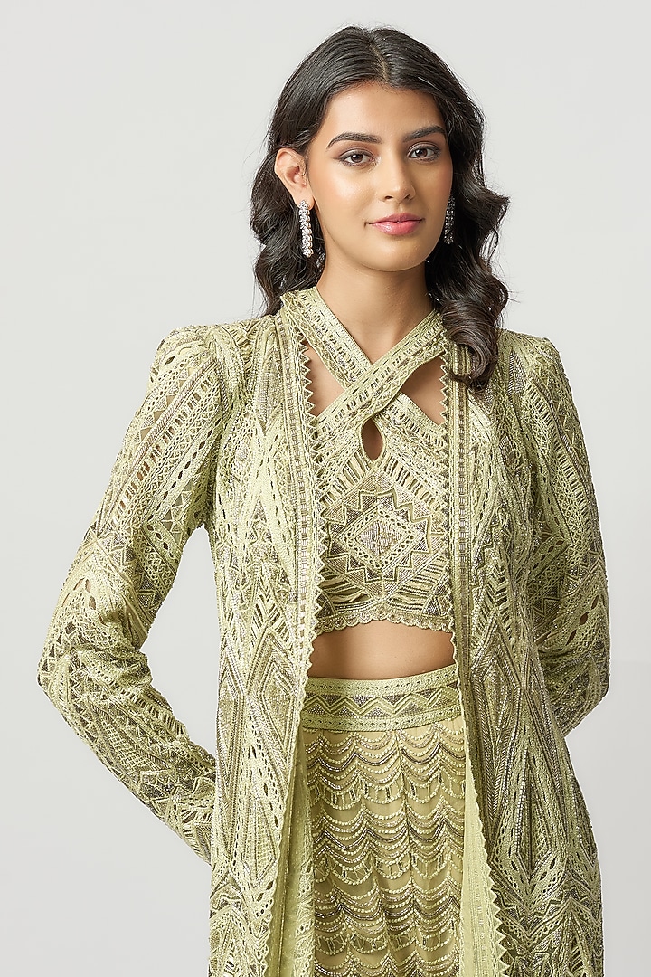 Olive Green Crepe Cutwork & Sequins Embroidered Bridal Sharara Set by Ritika Mirchandani at Pernia's Pop Up Shop