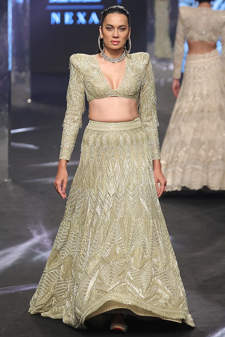 Olive Green & Silver Crepe Embroidered Lehenga Set Design by Ritika ...