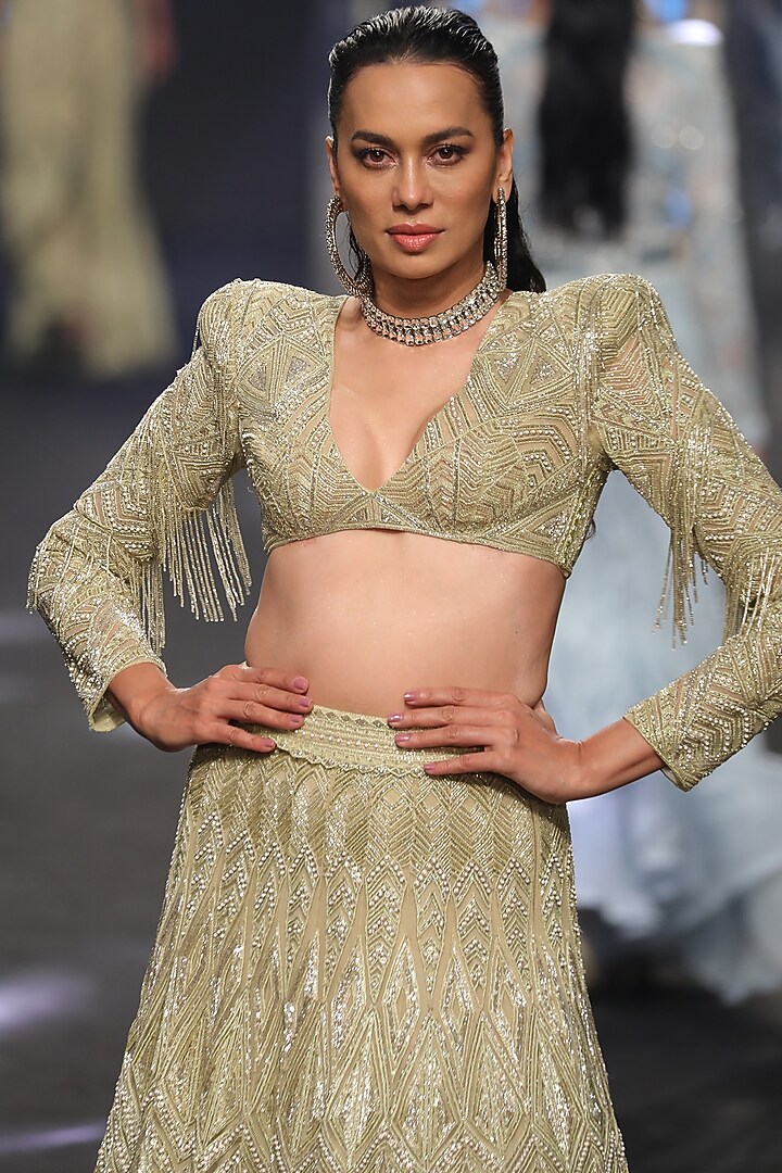 Olive Green & Silver Crepe Embroidered Bridal Lehenga Set by Ritika Mirchandani at Pernia's Pop Up Shop