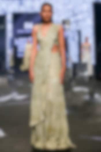 Metallic Coral Green Net Bugle Embroidered Bridal Lehenga Saree Set by Ritika Mirchandani at Pernia's Pop Up Shop