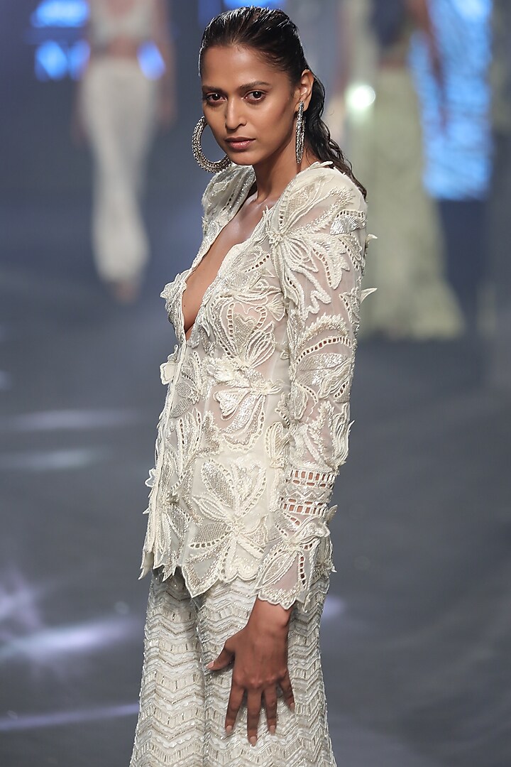 Ivory & Gold Crepe Embroidered Bridal Sharara Set by Ritika Mirchandani at Pernia's Pop Up Shop
