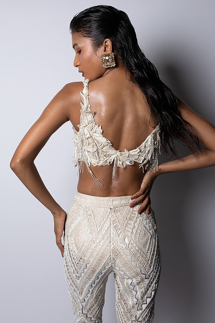 Ivory Stretch Satin Applique Embroidered Pant Set by Ritika Mirchandani at Pernia's Pop Up Shop