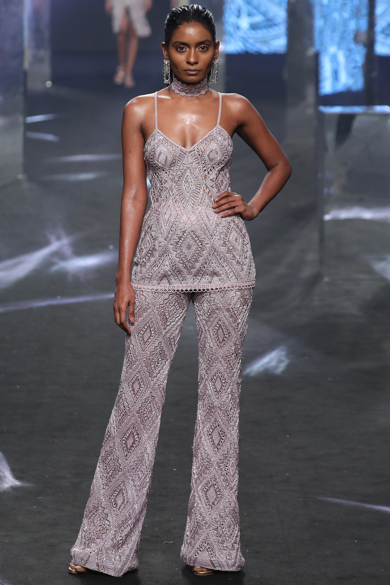 Metallic Lavender Net & Georgette Embroidered Co-Ord Set by Ritika Mirchandani at Pernia's Pop Up Shop
