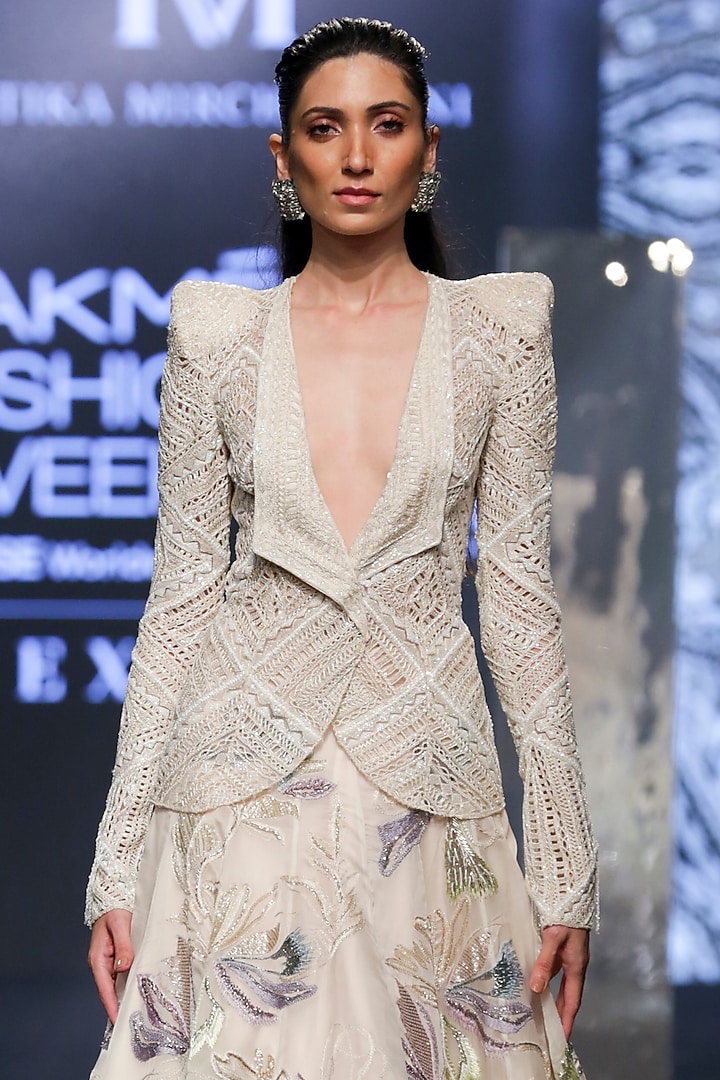 Ivory Net & Georgette Floral Bridal Lehenga Set by Ritika Mirchandani at Pernia's Pop Up Shop