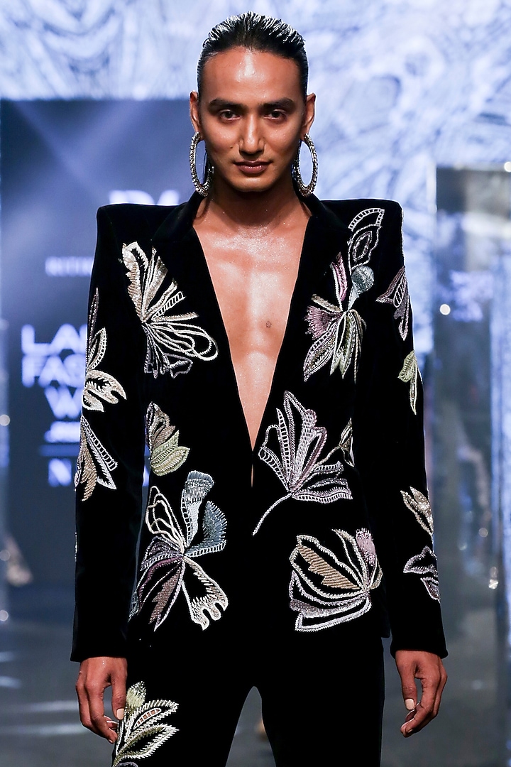 Black Suede Embroidered Blazer Set by Ritika Mirchandani at Pernia's Pop Up Shop