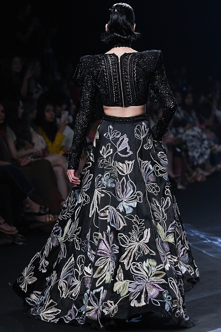 Black Net Thread & Resham Embroidered Bridal Lehenga Set by Ritika Mirchandani at Pernia's Pop Up Shop