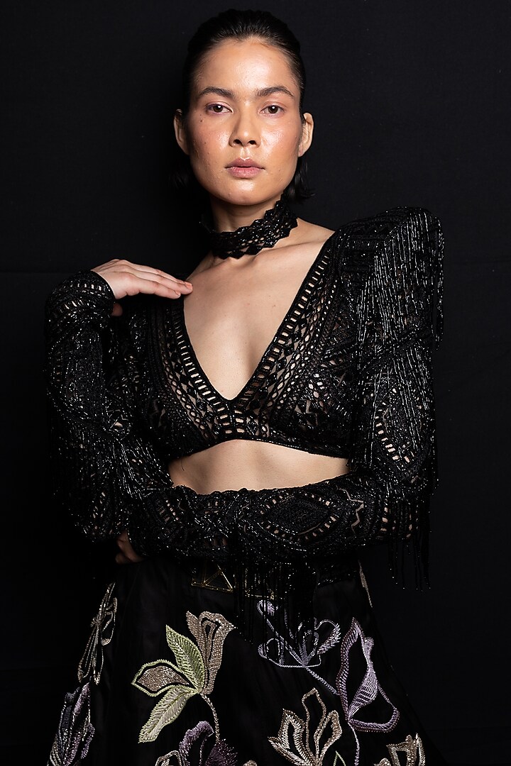 Black Net Thread & Resham Embroidered Bridal Lehenga Set by Ritika Mirchandani at Pernia's Pop Up Shop