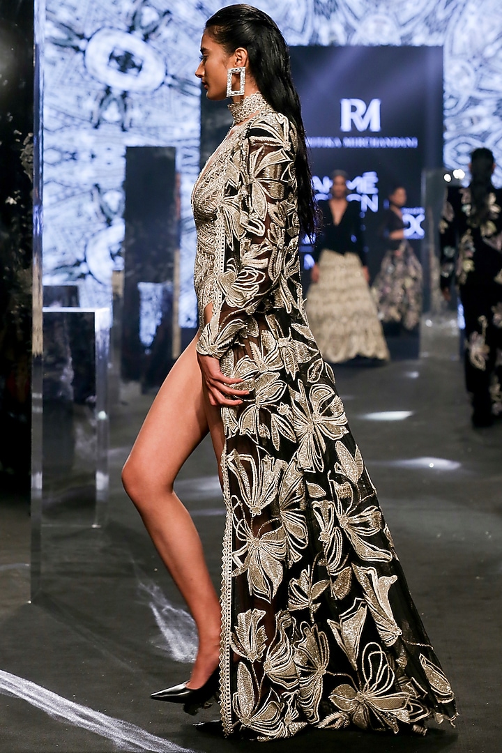 Black & Beige-Gold Net Embroidered Jacket Set by Ritika Mirchandani at Pernia's Pop Up Shop