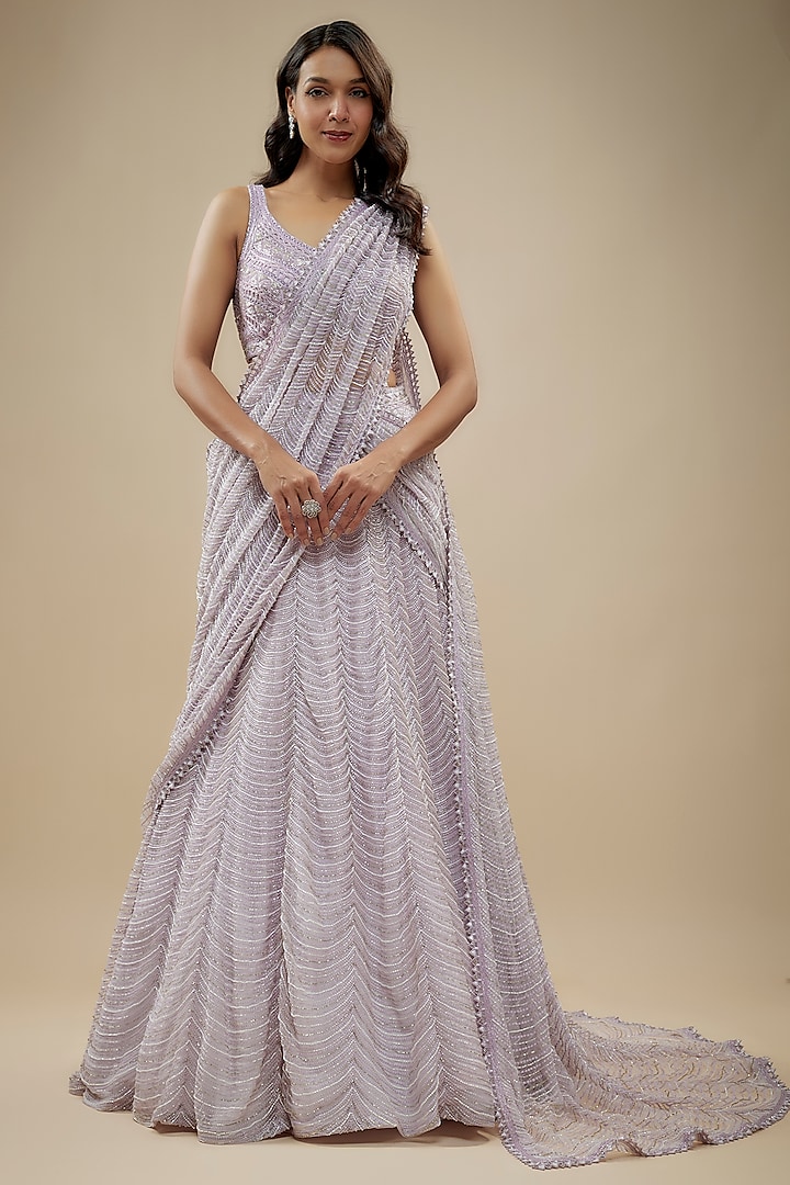 Lilac Crepe Double Georgette & Net Thread Embroidered Saree Set by Ritika Mirchandani at Pernia's Pop Up Shop