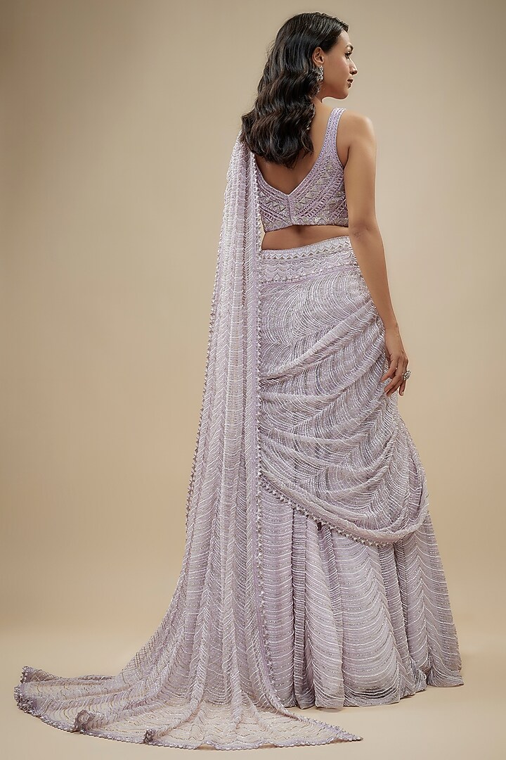 Lilac Crepe Double Georgette & Net Thread Embroidered Bridal Saree Set by Ritika Mirchandani at Pernia's Pop Up Shop