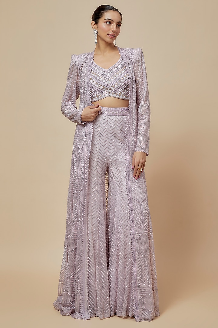 Lilac Crepe Double Georgette Thread Embroidered Jacket Set by Ritika Mirchandani at Pernia's Pop Up Shop