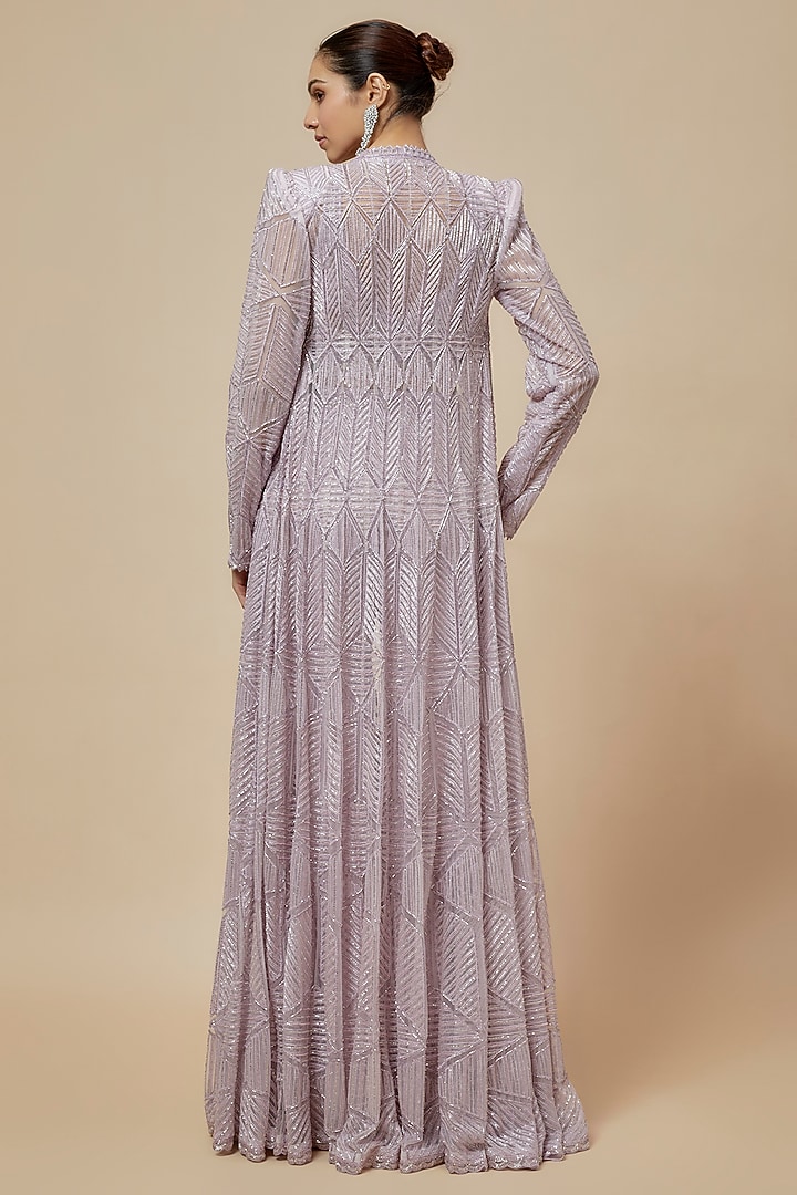 Lilac Crepe Double Georgette Thread Embroidered Jacket Set by Ritika Mirchandani at Pernia's Pop Up Shop