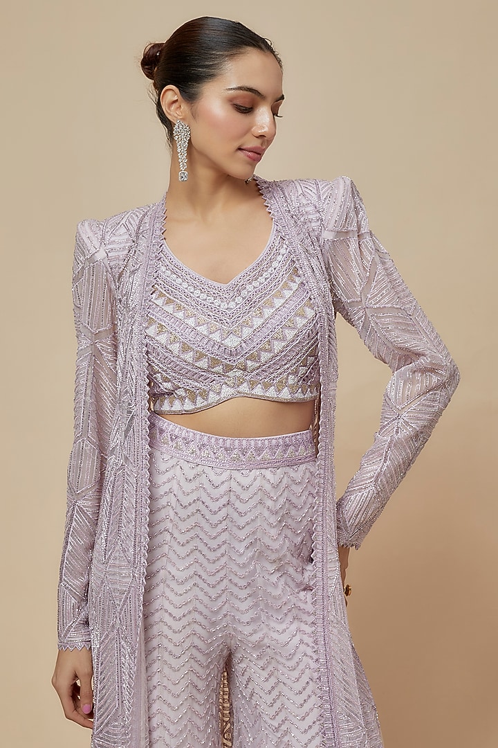 Lilac Crepe Double Georgette Thread Embroidered Jacket Set by Ritika Mirchandani at Pernia's Pop Up Shop