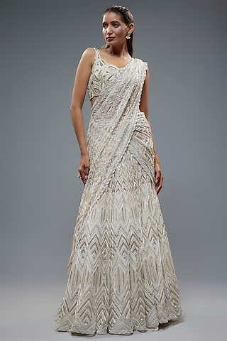 White Crepe Double Georgette Thread Embroidered Saree Set by Ritika Mirchandani