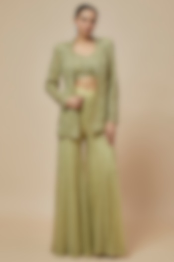 Olive Green Crepe Double Georgette Thread Embroidered Jacket Set by Ritika Mirchandani at Pernia's Pop Up Shop