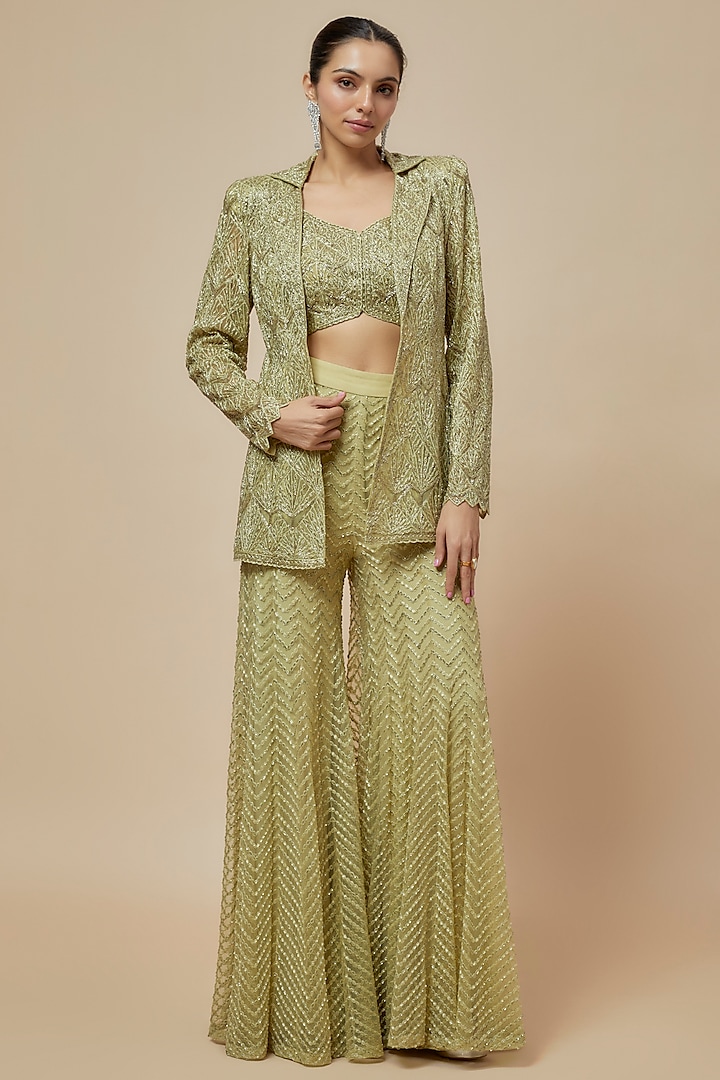 Olive Green Crepe Double Georgette Thread Embroidered Jacket Set by Ritika Mirchandani at Pernia's Pop Up Shop