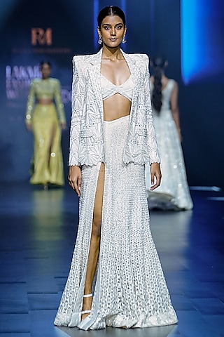 Ivory Net Crystal Bugle Embroidered Blazer Set by Ritika Mirchandani