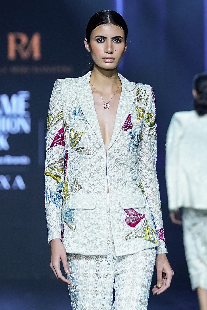 Ivory Net Thread Embroidered Blazer Set by Ritika Mirchandani at Pernia's Pop Up Shop