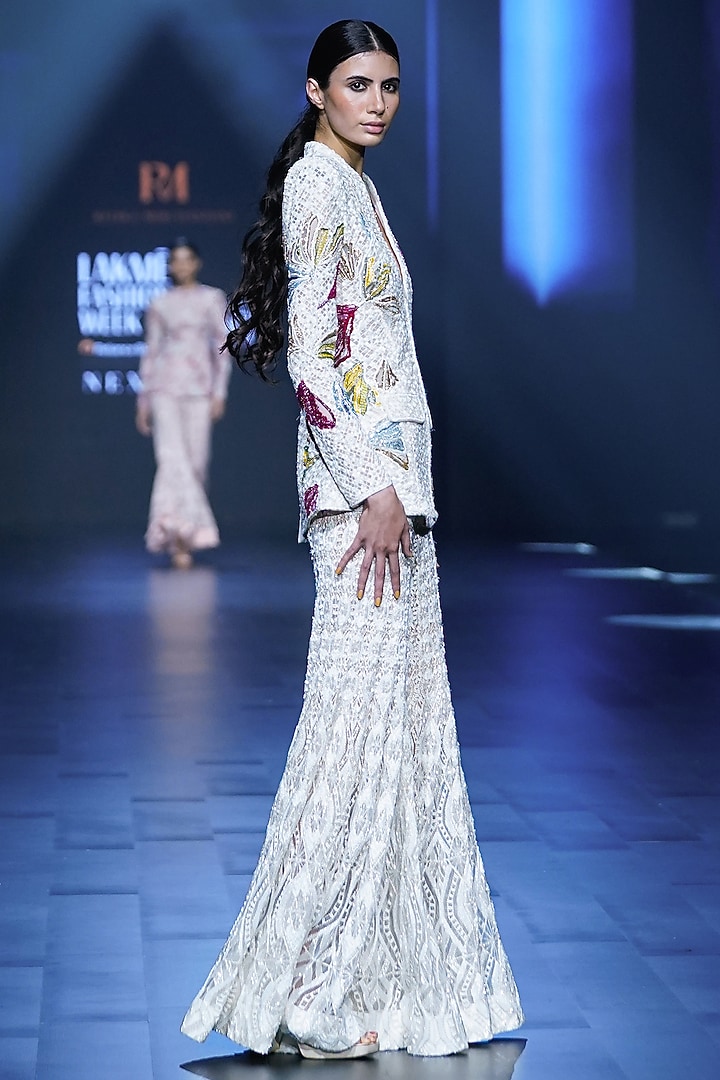 Ivory Net Thread Embroidered Blazer Set by Ritika Mirchandani at Pernia's Pop Up Shop