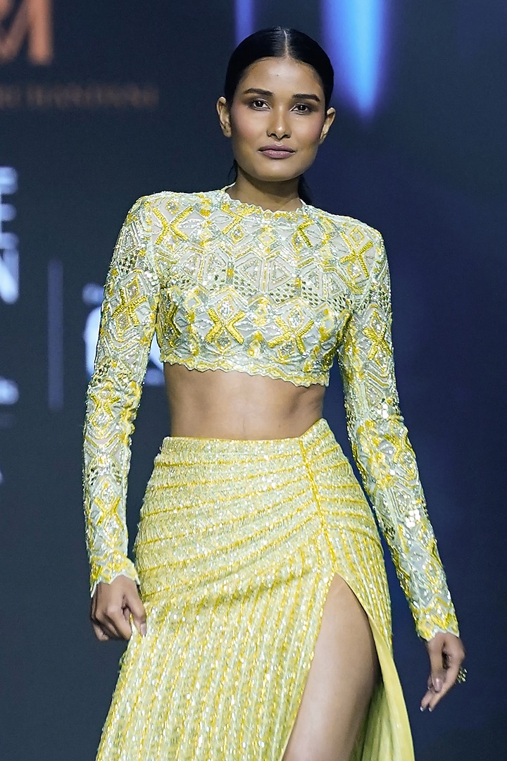 Arctic Lime Net Textured Skirt Set by Ritika Mirchandani at Pernia's Pop Up Shop
