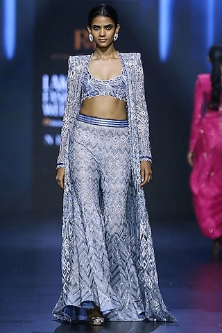 Lake Blue Net Crystal Bugle & Thread Embroidered Jacket Set by Ritika Mirchandani