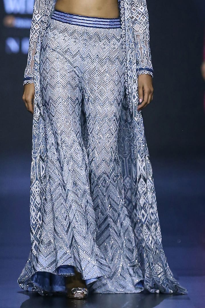 Lake Blue Net Crystal Bugle & Thread Embroidered Jacket Set by Ritika Mirchandani at Pernia's Pop Up Shop
