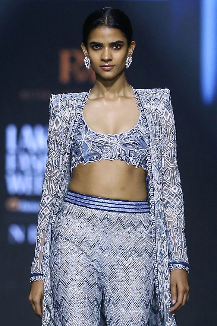 Lake Blue Net Crystal Bugle & Thread Embroidered Jacket Set by Ritika Mirchandani at Pernia's Pop Up Shop