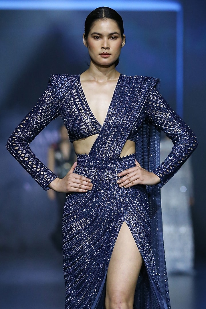 Midnight Blue Net Embroidered Pre-Constructed Bridal Saree Set by Ritika Mirchandani at Pernia's Pop Up Shop