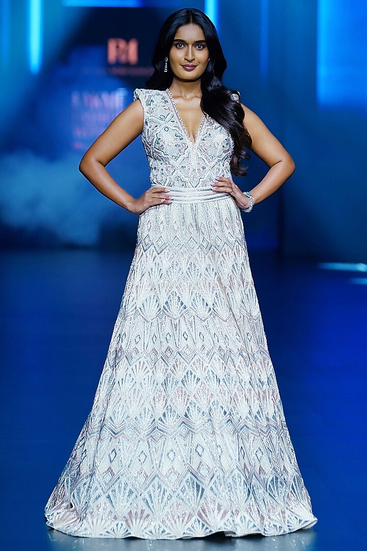 Ivory-Pastel Crepe & Double Georgette Embellished Bridal Lehenga Set by Ritika Mirchandani at Pernia's Pop Up Shop